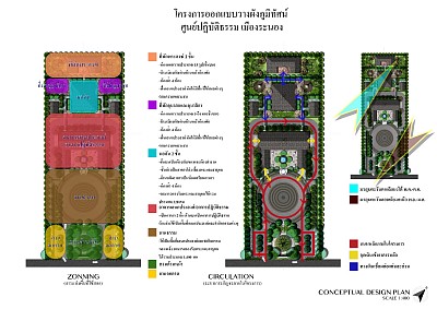 ผังภูมิทัศน์และเส้นทางจราจร ถนนภายในศูนย์ปฏิบัติธรรมเมืองระนอง